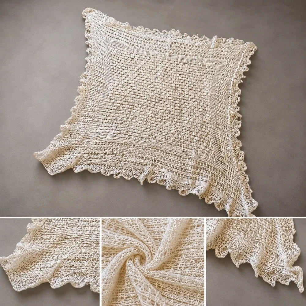 Handmade vintage Russian Lace Knit Shawl Square Cream Ivory Scalloped Edge Wrap